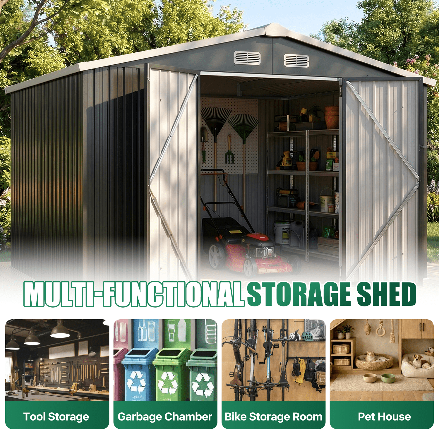 Clouddwell 10 x 8 FT Shed Outdoor Storage Shed with Double Hinged Large Door, Large Metal Shed with Lockable Door & Sloped Roof for Garden, Patio and Backyard, Black