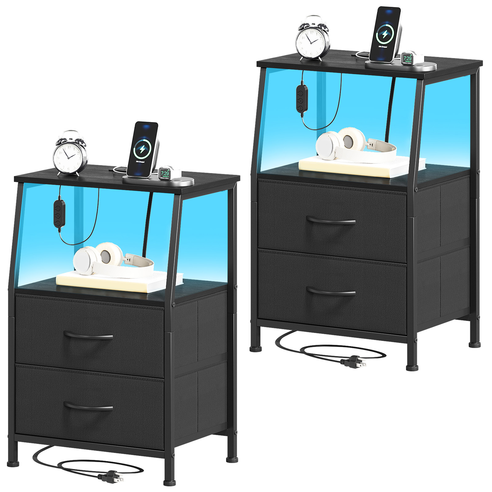 Eunos Black Nightstand with Charging Station, Set of 2 photo 1