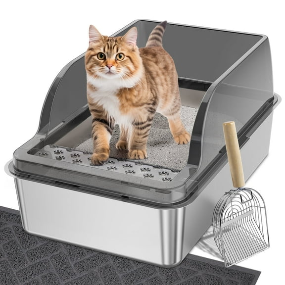 UPSKY Stainless Steel Cat Litter Box with Lid, XL Large Metal Litter Box for Large Breeds, Enclosed Kitty Litter Pan with High Sides, Leak-Proof & Non-Stick, Easy to Clean, Scoop and Mat Included