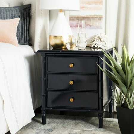 SAFAVIEH Mina Modern Coastal 3-Drawer 25 H Bamboo Nightstand Navy