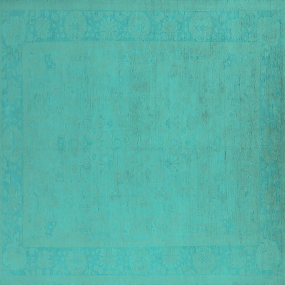 Ahgly Company Machine Washable Indoor Square Oriental Turquoise Blue Industrial Area Rugs, 8' Square