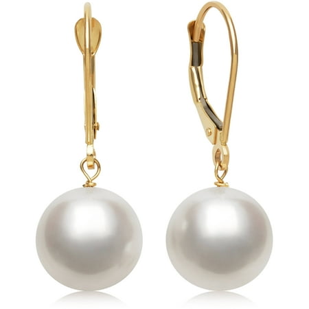 14K Yellow Gold Cultured Freshwater White Pearl Leverback Drop Earrings