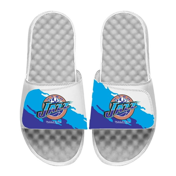 Men's ISlide x Mitchell & Ness White Utah Jazz Paint Stripe Slide Sandals
