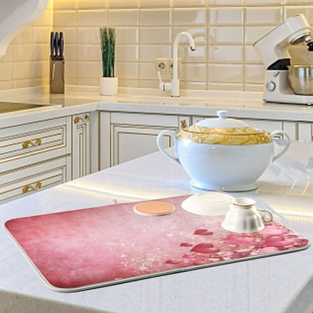 

Pink Heart Background Dish Drying Mats for Kitchen Counter Absorbent Microfiber Coffee Pad