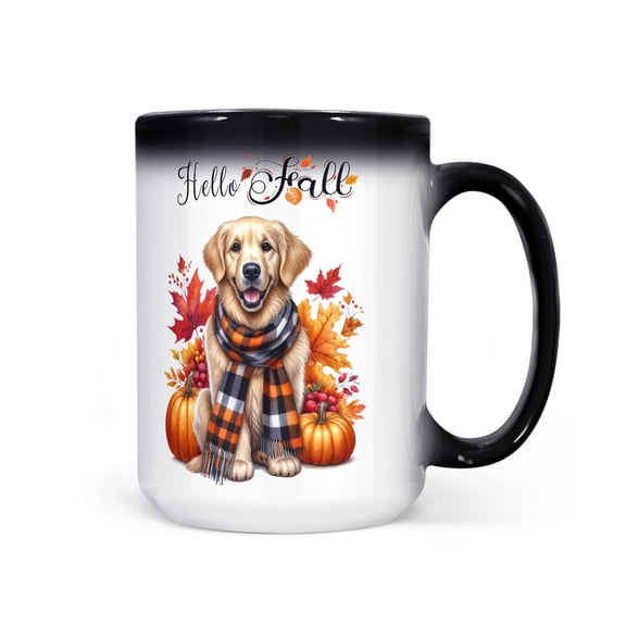 Hello Fall Golden Retriever Scarf Welcome Autumn with Leaves Pumpkins Heat Color Changing Mug Goldens Dog Lover Gifts Idea Magic Coffee Mug - 00011
