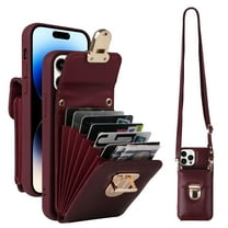 Dteck Crossbody Wallet Case for iPhone 15 Pro, PU Leather Purse Case with Card Holder, Flip Cover with Metal Lock Buckle Lanyard for Women Men, Winered