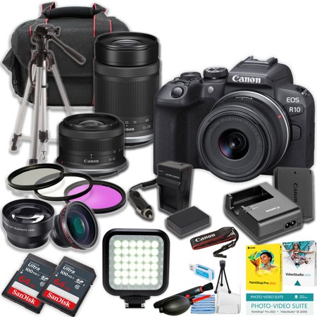 Canon EOS R10 Mirrorless Camera w/18-45mm and 55-210mm Lens + 2pc SanDisk 64GB Ultra Memory Card + LED Light + Tripod + More (21pc Bundle)