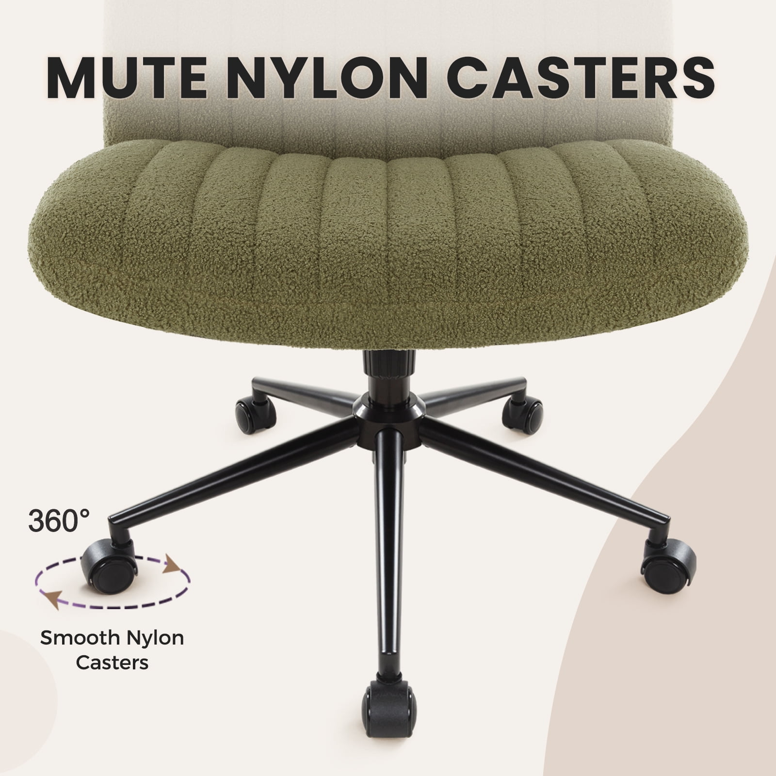 Soft Fabric Armless Wide Seat Office Chair,Criss Cross Legged Desk Chair with Wheels,Height Adjustable Computer Task Chair,Wide Seat Swivel Vanity Chair for Home,Office,Bedroom, Make Up