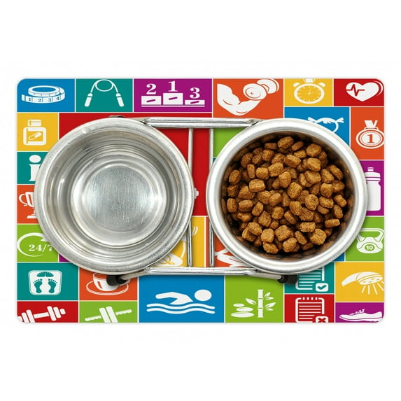 Fitness Pet Mat for Food and Water, Different Colorful Fitness Healthy Lifestyle Motivation Activity Weight Loss, Non-Slip Rubber Mat for Dogs and Cats, 18" X 12", by Ambesonne