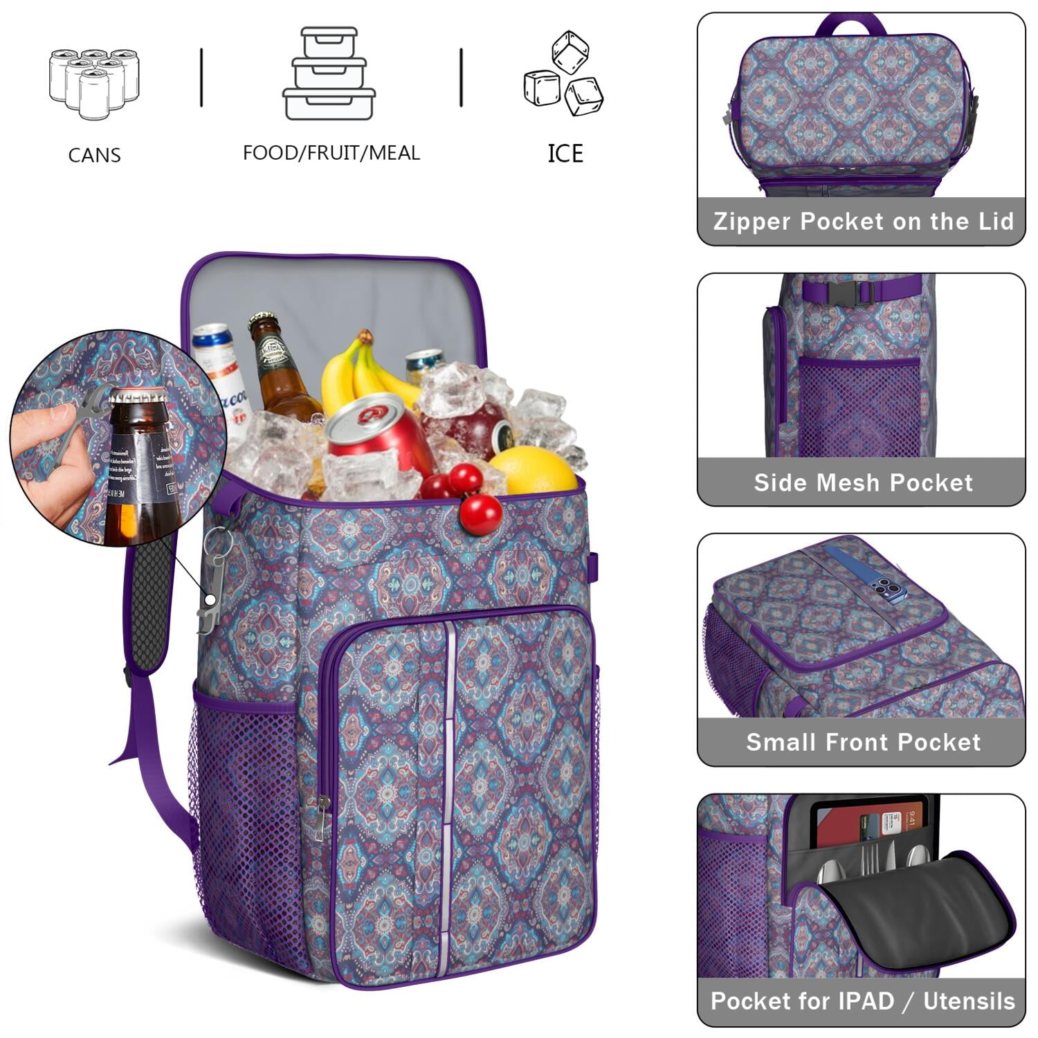 Travel Cooler Bag - Boho Bohemia Flower Camping Beer Cooler Backpack with Bottle Opener- Waterproof Insulated Picnic Backpacks - Cooler Bag for Beach