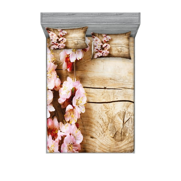 Ambesonne Floral Fitted Sheet & Pillow Sham Set, Spring Blossom Orchard, Full, Sand Brown Pale Pink