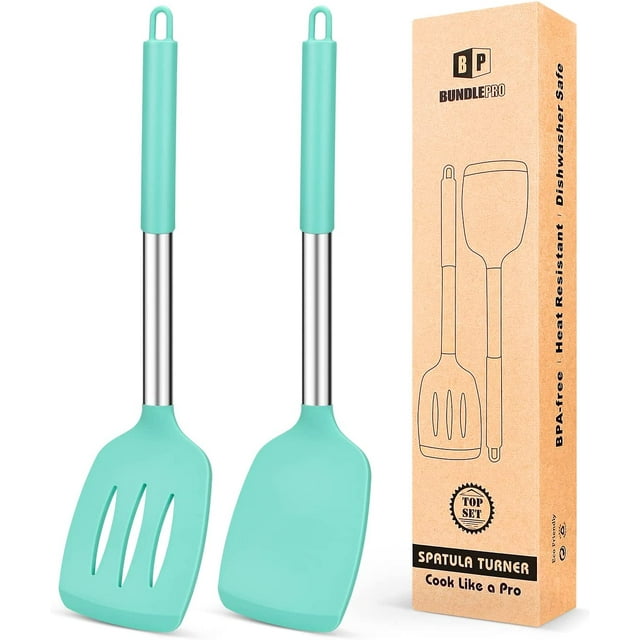Bundlepro Pack of 2 Silicone Spatulas Turners, Non Stick Slotted and Solid Kitchen Utensils