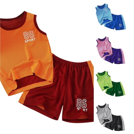 OSOLU Children Boys Outfits Summer Quick Drying Sports Basketball Crew Neck Sleeveless Vest + Shorts Football Suit Holiday Travel Clothing Sets
