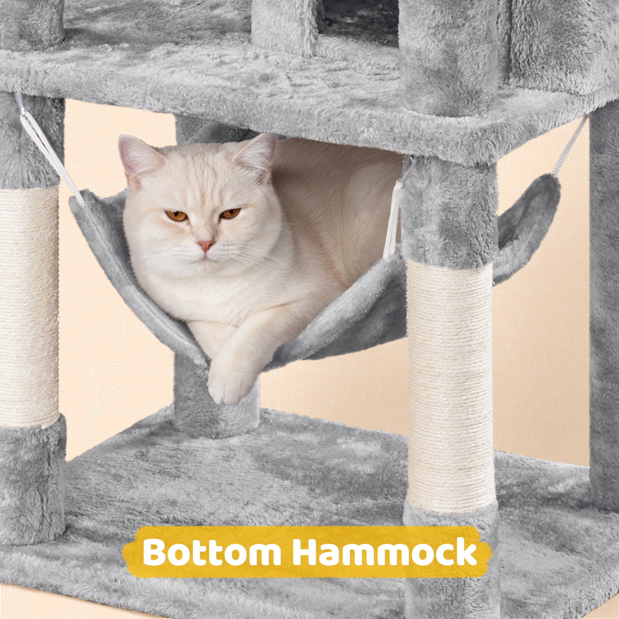 Alden Design 67" H Multi-Level Cat Tree Tower with 2 Cat Condos & Hammock Basket, Light Gray