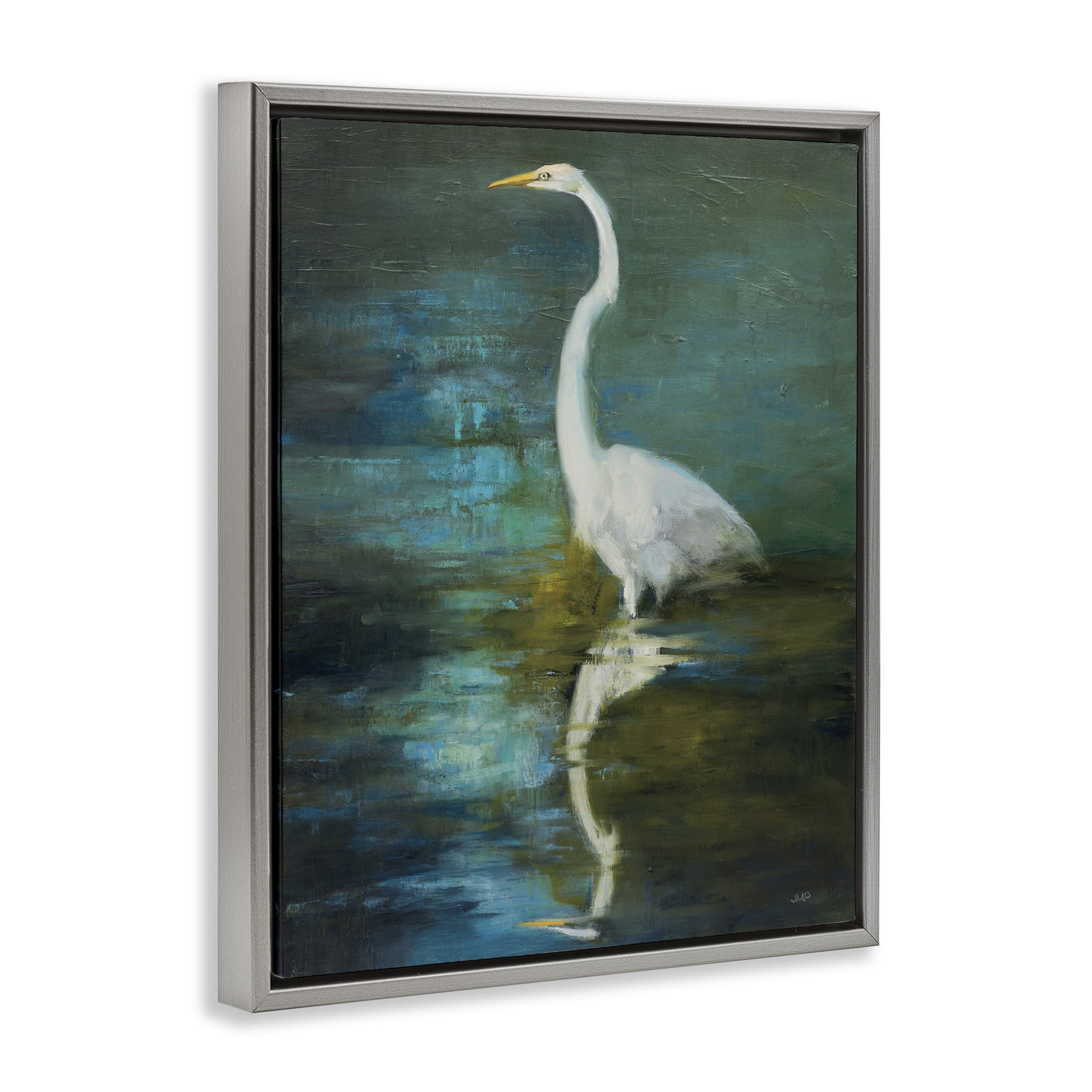 Stupell Industries Nautical Bird Lake Reflection Animals & Insects Painting Gray Floater Framed Canvas Art Print Wall Art, 17 x 21