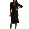 thumbnail image 2 of Styesk Robes pour Femmes Mode Femmes Couleur Unie Col en V Manches Trois-Quarts Fermeture Éclair Invisible Jupe Fendue, 2 of 7