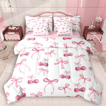 Manfei Girls Bowknot Twin Bedding Sets 7pcs, Cartoon Cherry Bow Bedding Comforter Set, Princess Style Sheet Sets, White Pink Lightweight Room Decor