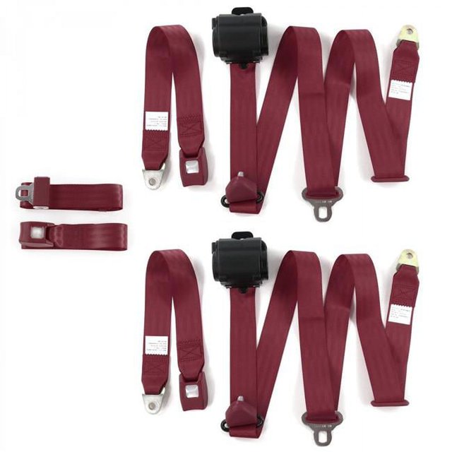Standard 3 Point Burgundy Retractable Bench Seat Belt Kit with 3 Belts for 1958 Chevy Impala