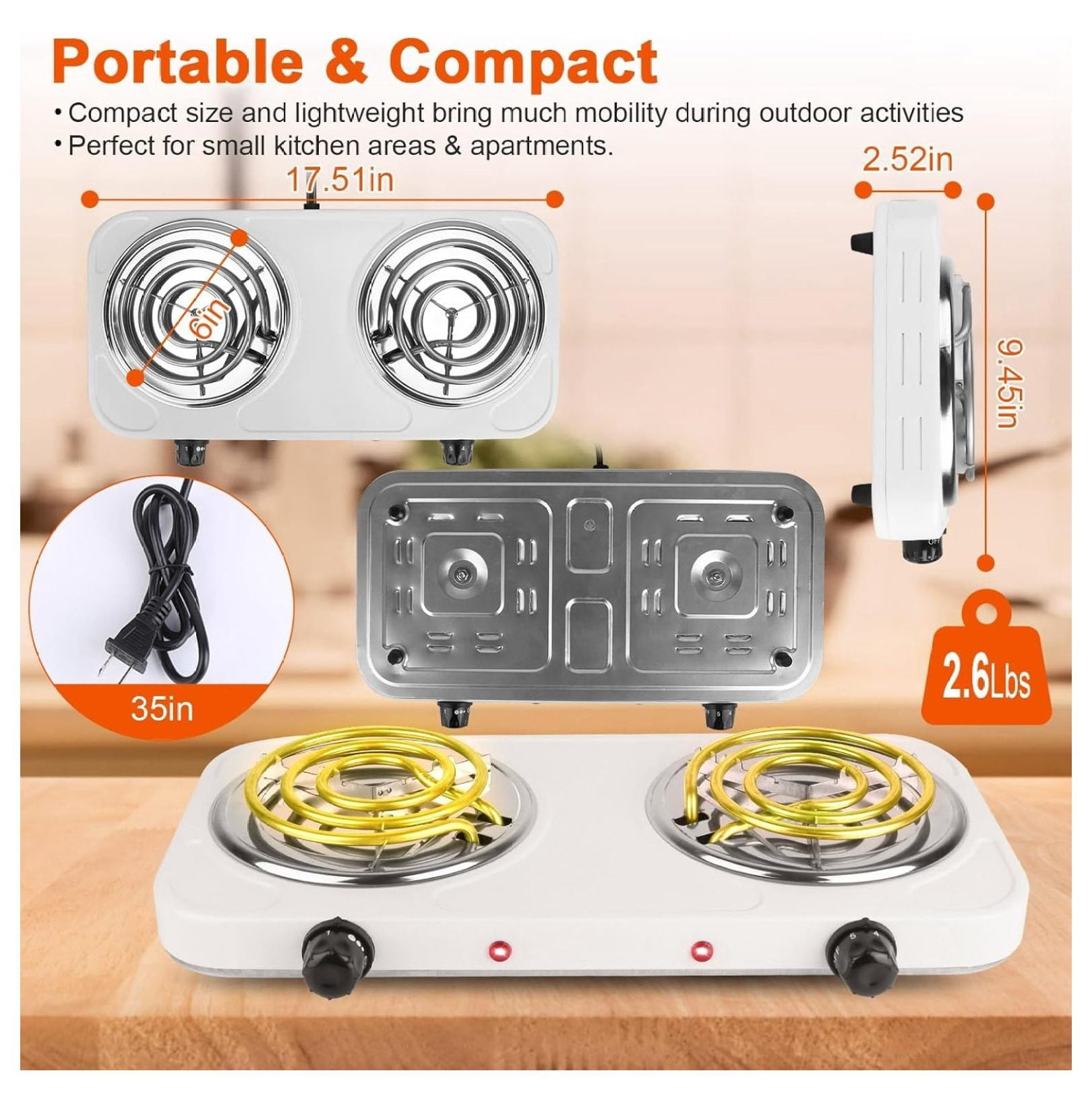 Countertop Burner, Electric Double Burners 2000 Watts, Hot Plate Cooktop with 5 Temperature Control, Non Slip Rubber Feet, Portable Coil Heating Stove Countertop RV Hotplate for Home or Dorm(White 2)