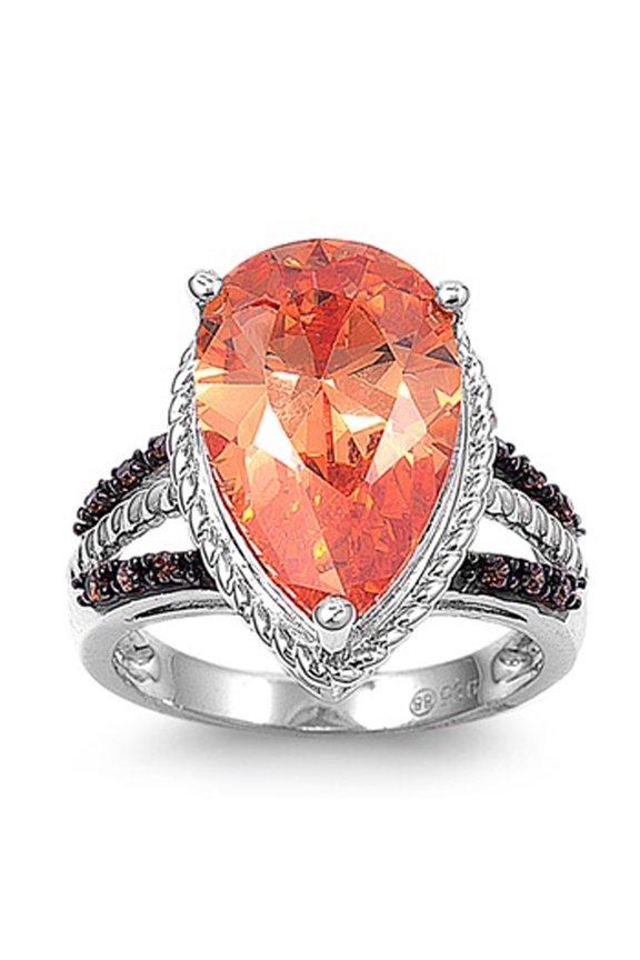 Large Wide Teardrop Champagne CZ Women's Ring Sterling Silver Band Orange 925 Female Size 5
