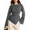 thumbnail image 3 of Women's Boat Neck Striped Tie Wrap Waist Irregular Flare Long Sleeve Shirt Blouse Gray M, 3 of 8