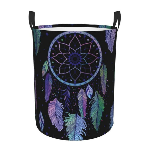Balery Dreamcatcher With Colorful Feathers Cesta de ropa redonda con asas, impermeable, independiente, para ropa, juguetes, dormitorio y familia-Small