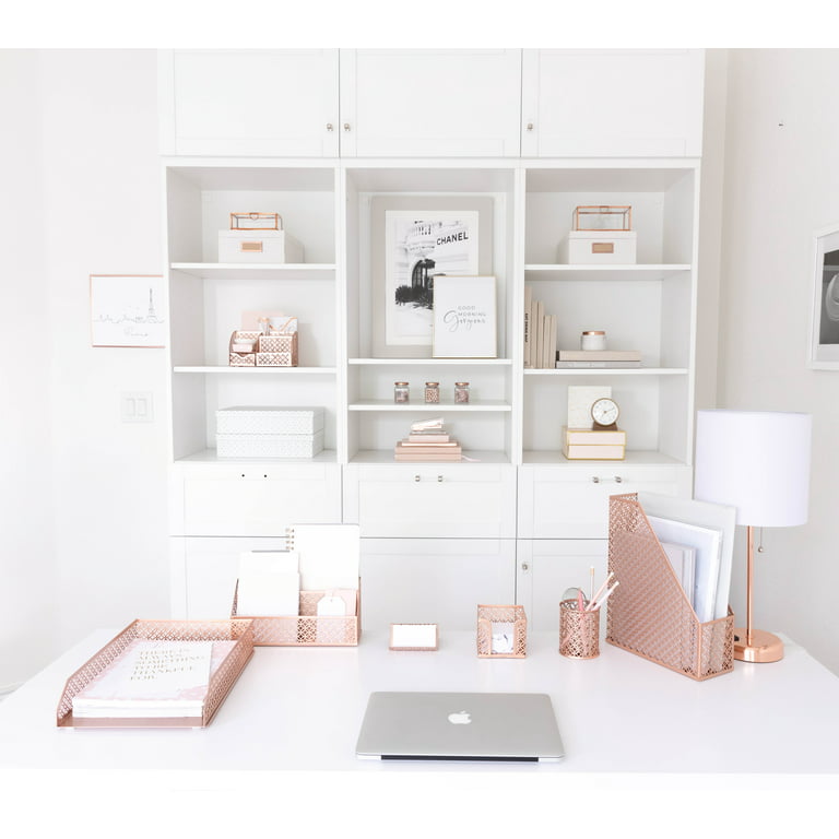 Rose Gold Desk Organizer for Women Cute Home Office Accessories & Supplies  Decor, Girly Desktop Stationary Essentials Organization Set, Mesh Caddy