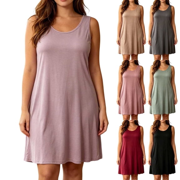 Pretxorve Women Nightgown Solid Lyocell Crew Neck Sleeveless Tank Loose Light Casual Sleep Dress