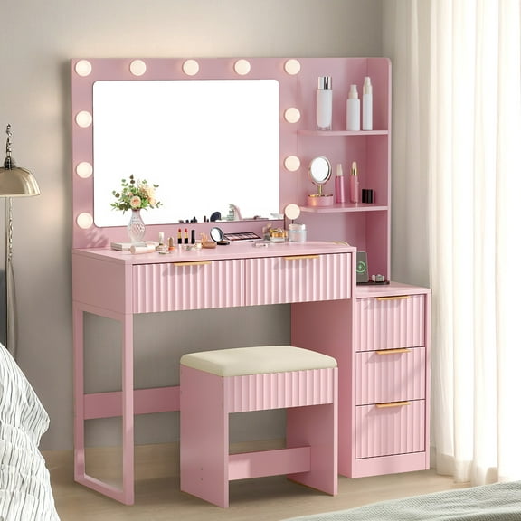 BAYUELSWU Makeup Vanity Table Set with Mirror and Light, Vanity Desk with Stool & Power Outlet for Women, Girls, Bedroom (Pink)