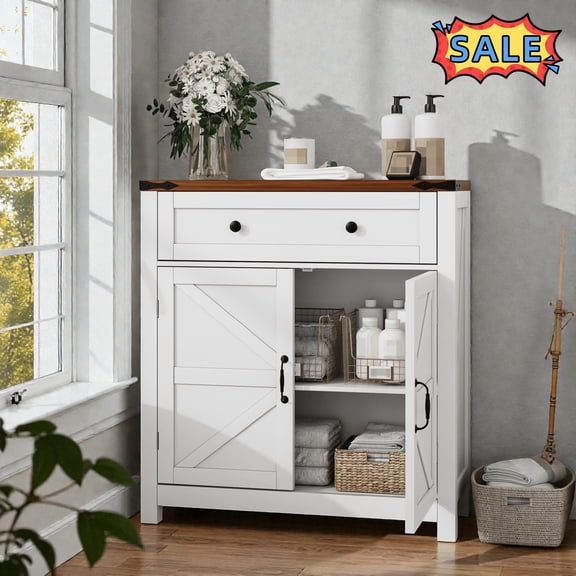 Tcbosik Sideboard Buffet Cabinet, Credenza with Storage Drawer, Adjustable Shelf and 2 Barn Doors, Farmhouse Coffee Bar Cabinet, Cupboard for Kitchen, Dining Room, Living Room, Easy Assembly, White