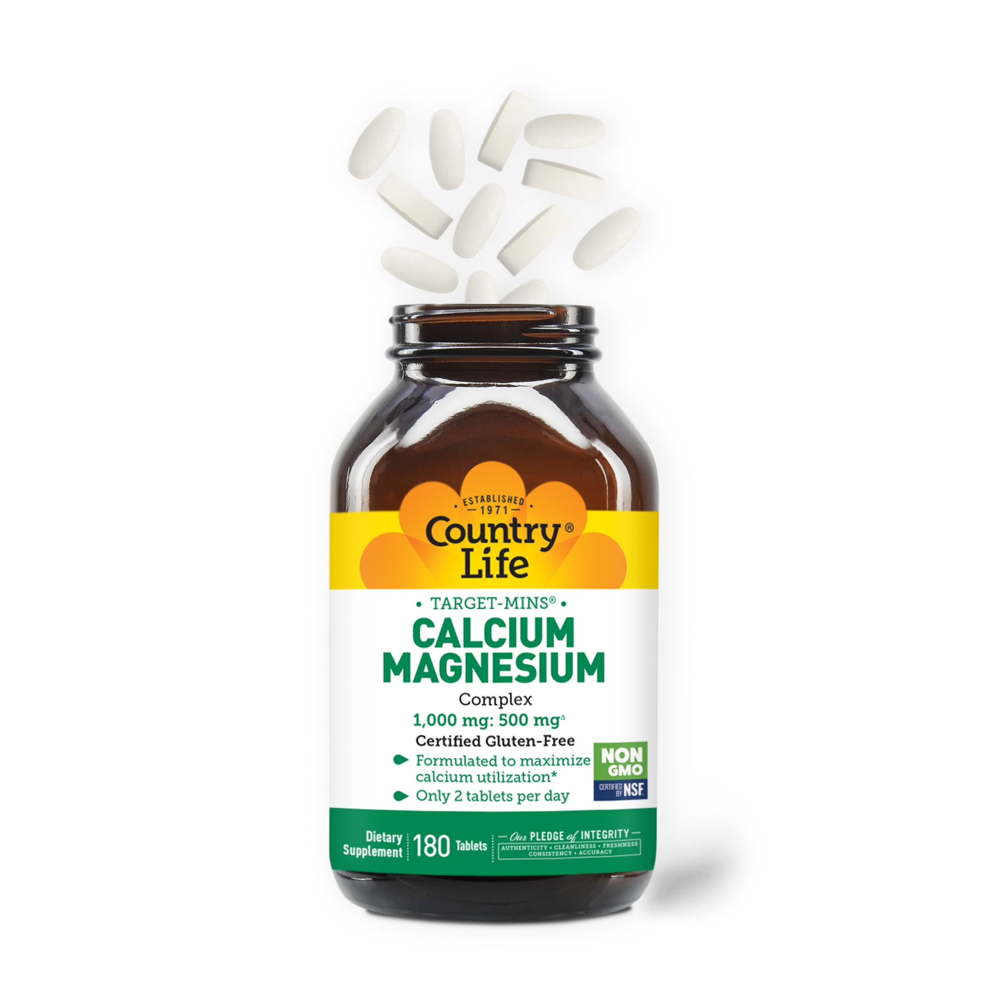 Country Life Target-Mins Calcium Magnesium Complex 1000mg/500mg, 180 Tablets, Certified Gluten Free, Vegan, Non-GMO Verified