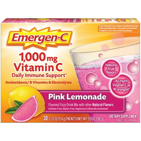 Emergen-C 1000Mg Vitamin C Powder, with Antioxidants, B Vitamins and Electrolytes for Immune Support, Caffeine Free Vitamin C Supplement Fizzy Drink Mix, Pink Lemonade Flavor - 30 Ctt/1 Month Supply