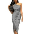 thumbnail image 1 of Fridja Lady Solid Color Irregular Slanted Shoulder Belt Slim Fit Satin Dress, 1 of 6