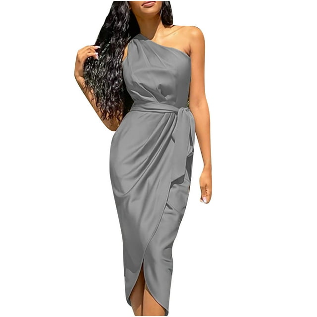 Fridja Lady Solid Color Irregular Slanted Shoulder Belt Slim Fit Satin Dress