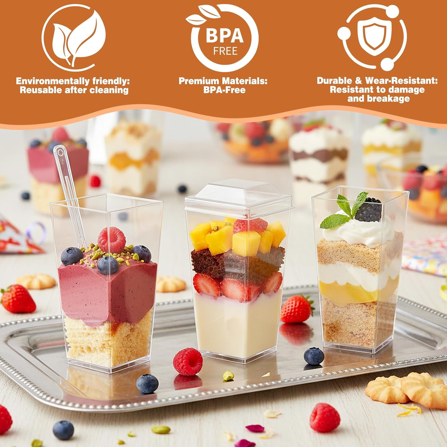 150 Pcs Dessert Cups with Lids and Spoons, 3 oz Mini Clear Plastic Dessert Parfait Cup, Reusable Fruit Ice Cream Cake Pudding Cups