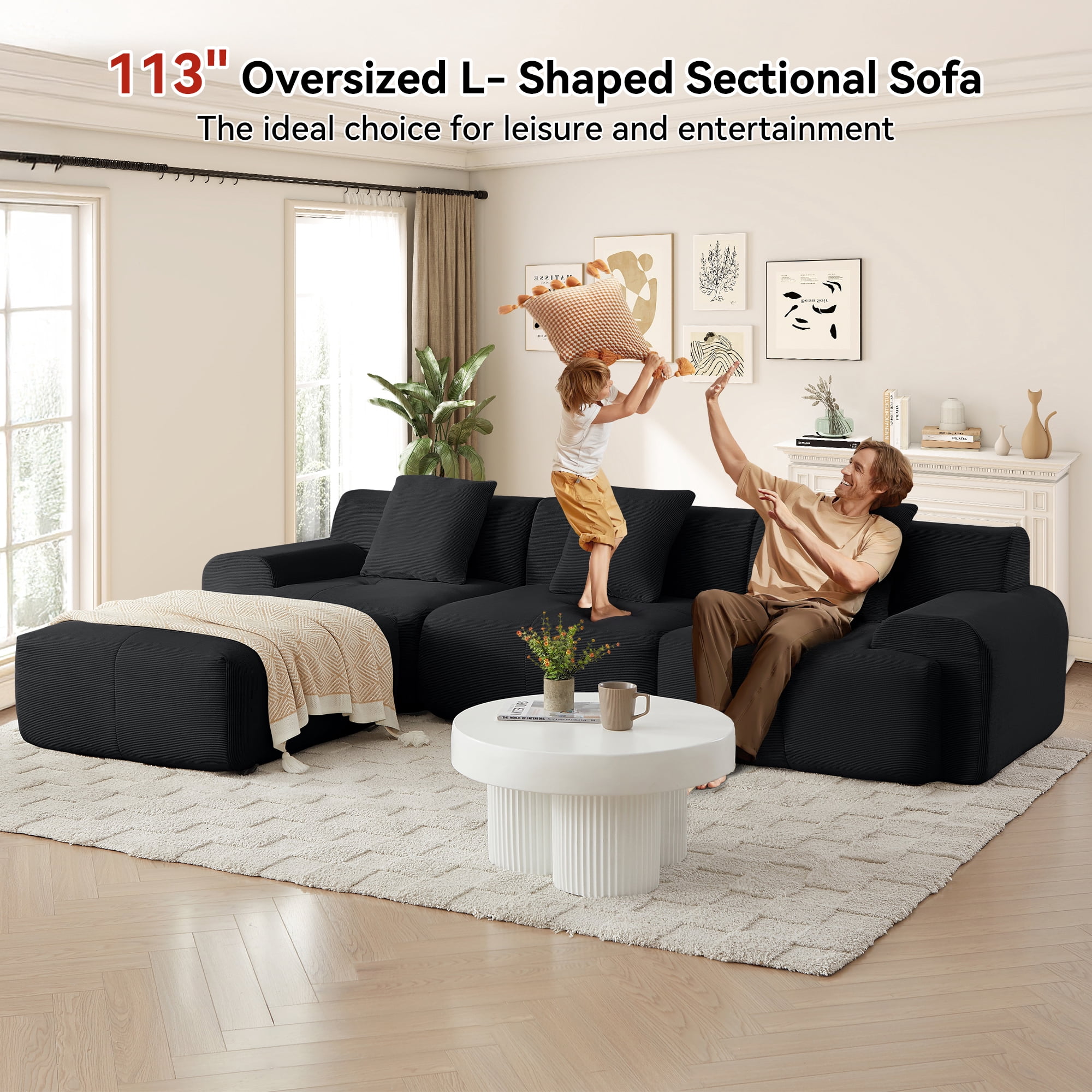 Muumblus 113" L-Shaped Modular Sectional Sofa, Oversized Corduroy Cloud Couch for Living Room, Black