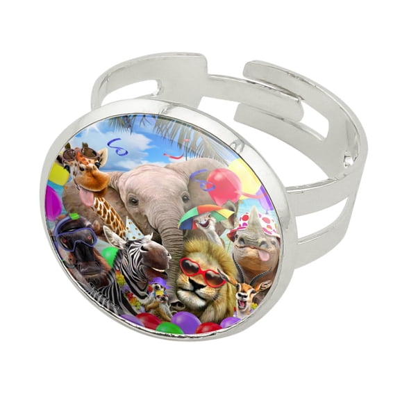 Africa Animal Beach Party Selfie Lion Giraffe Zebra Wildebeest Rhino Silver Plated Adjustable Novelty Ring