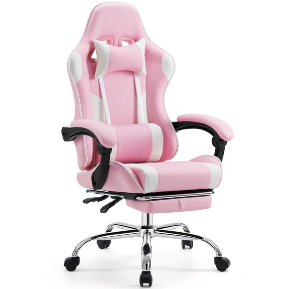 White & Pink Video Game Chair - Ergonomic Computer Chair with Footrest & Lumbar Support, PU Leather Recliner with Headrest, Height Adjustable 360° Swivel for Adults