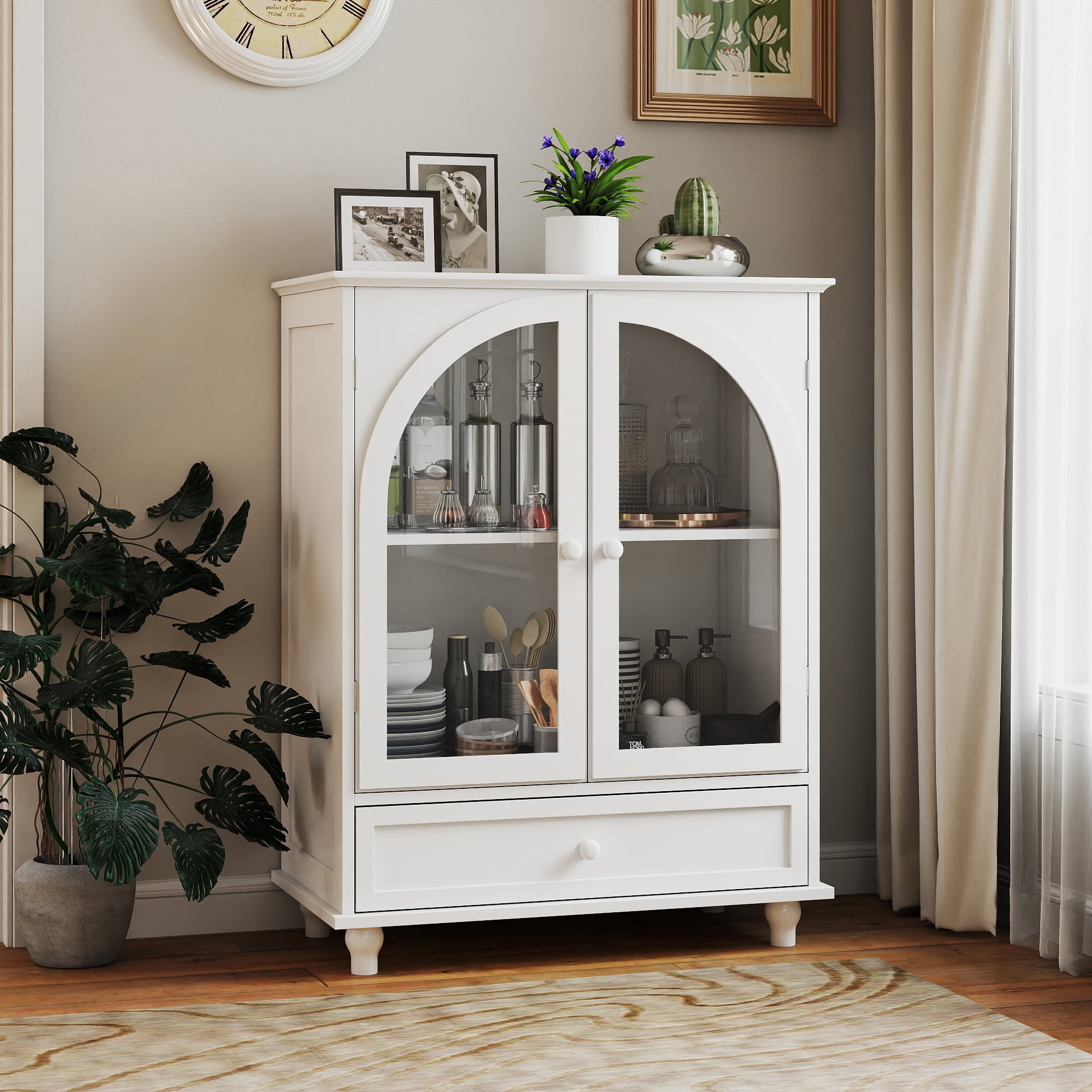 Arched Glass Door Farmhouse Sideboard, White Storage Cabinet with Tiered Top & 1 Drawer, Buffet Pantry Cabinet for Kitchen Living Room Coffee Bar