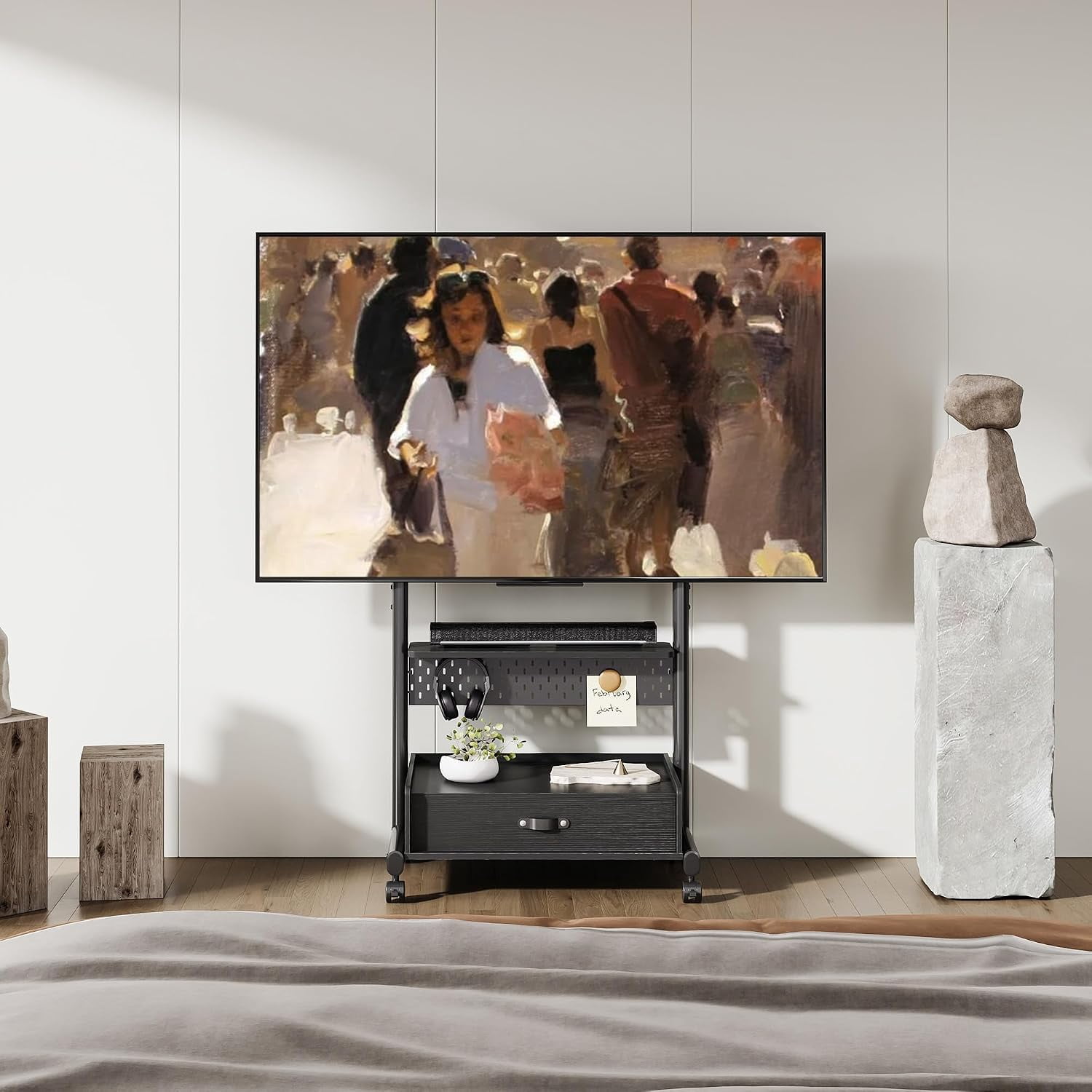 FITUEYES Rolling TV Stand for 40–85 Inch TVs, Black, Drawers & Pegboard, Storage Shelf