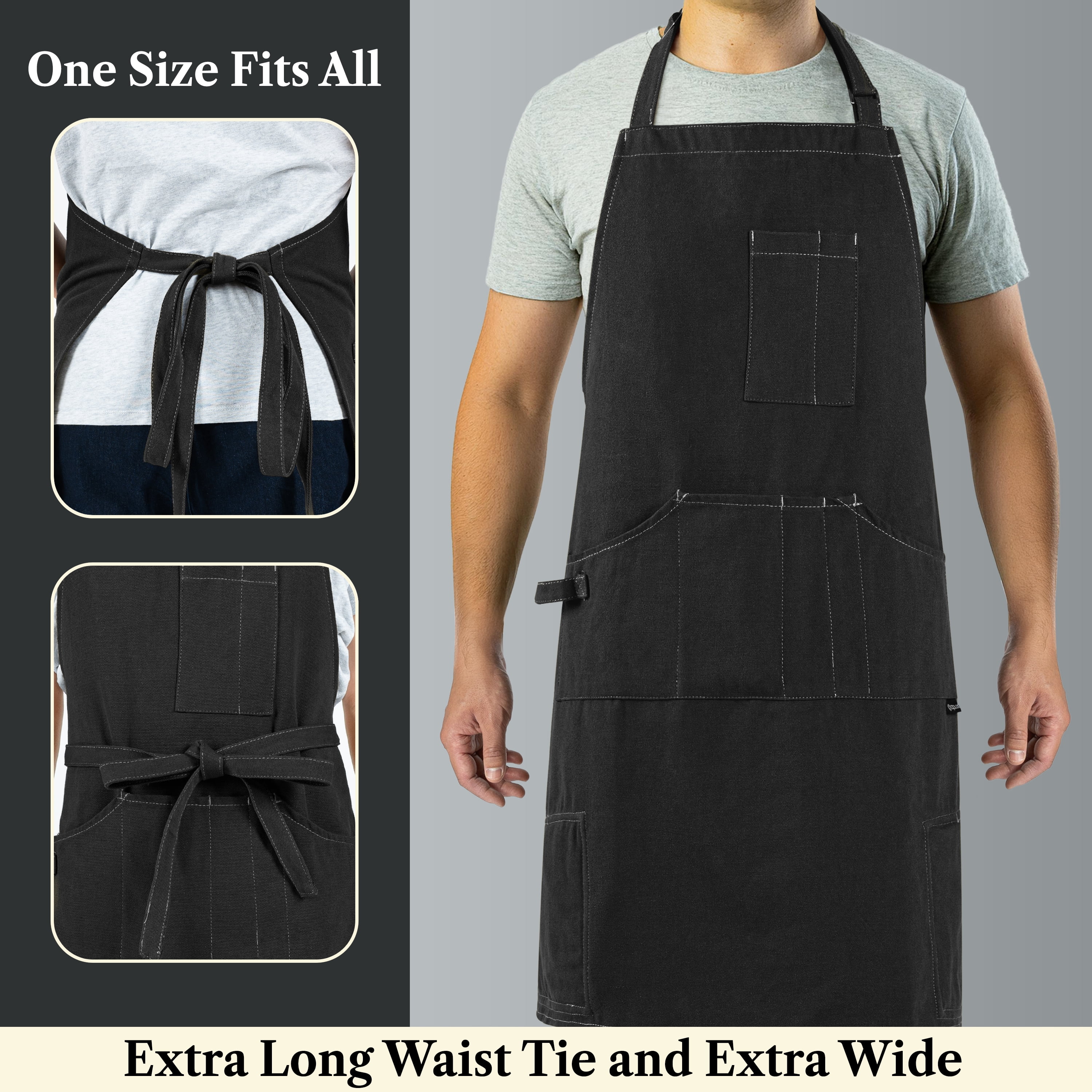 OPUX Chef Apron for Men, Canvas Apron with Pockets for Women, Large BBQ Apron for Kitchen Grilling Baking, Heavy Duty Work Apron with Adjustable Neck Strap for Barber Gardening, Black