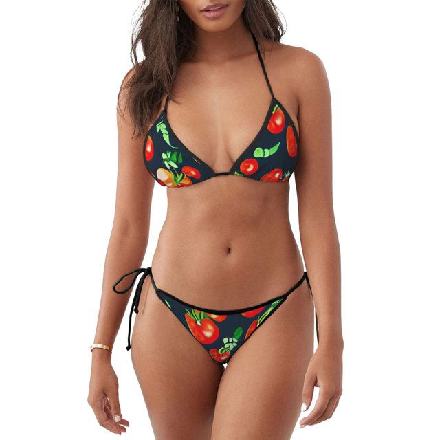 Saiise Ensemble de Bikini Ajustable pour Femmes à Motif de Tomates, Échancré, Maillot de Bain Deux Pièces pour Plage, Fête à la Piscine, Vacances Tropicales