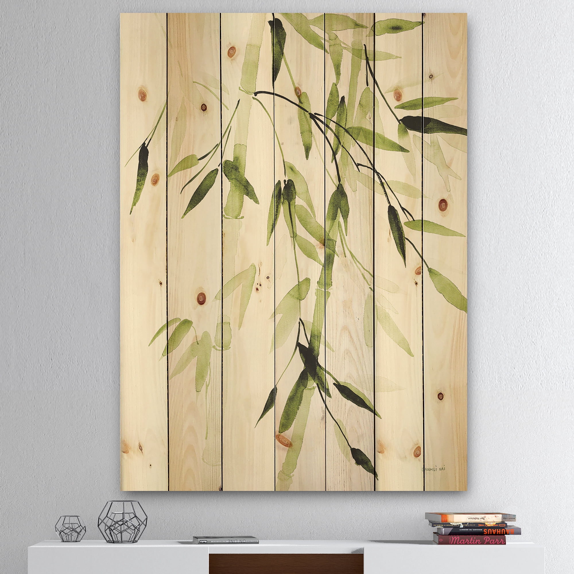 Designart 'Simplist Bamboo Leaves II' Lake House Print on Natural Pine Wood