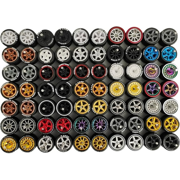 10-Pack 1:64 Rubber Wheels with Logo – Random Custom Rims and Tires Set for 1/64 Diecast Cars – Includes Axles – Realistic Upgrade for Miniature Scale Vehicles