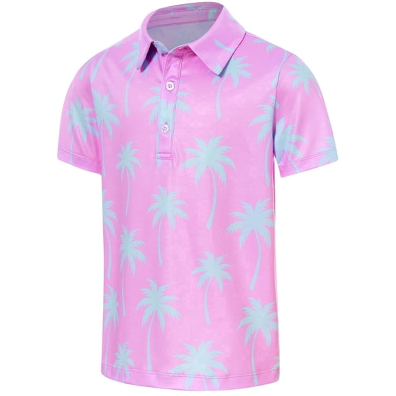 Lanbubble Big Boys Polo Shirts Collared Palm Printed Hawaiian Shirt Short Sleeve Top