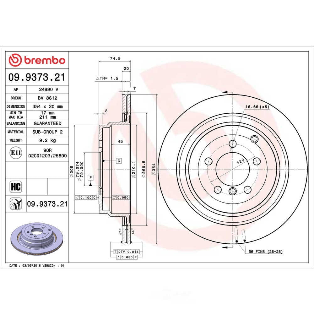 Brembo 09.9373.21 BRAKE ROTORS Fits select: 2006-2007 LAND ROVER RANGE ROVER WESTMINSTER, 2008-2010 LAND ROVER RANGE ROVER HSE