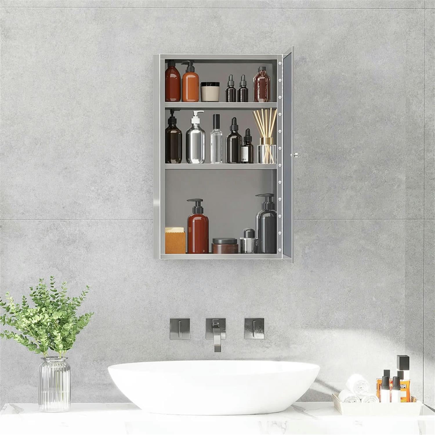 Demi Bonn Wall-Mounted Medicine Cabinet, 16"x24" Stainless Steel Frame, Single Door for Bathroom Storage Organizer, Silver