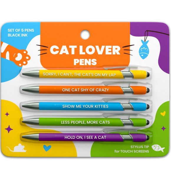 Set de bolígrafos rubyloo de tinta negra con stylus para amantes de los gatos, 5 piezas