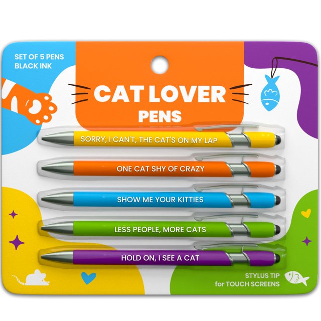 Set de bolígrafos rubyloo de tinta negra con stylus para amantes de los gatos, 5 piezas