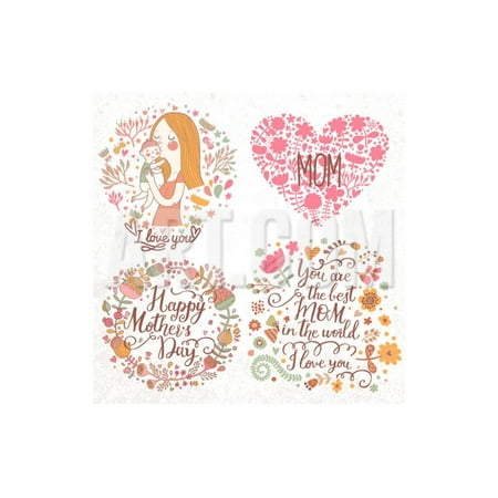 Cute Retro Vector Cards with Mother and Child, Flower Wreath, Hearts. Happy Mothers Day. Vintage Fl Print Wall Art By